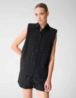 Strass Stripe Blouse Zwart