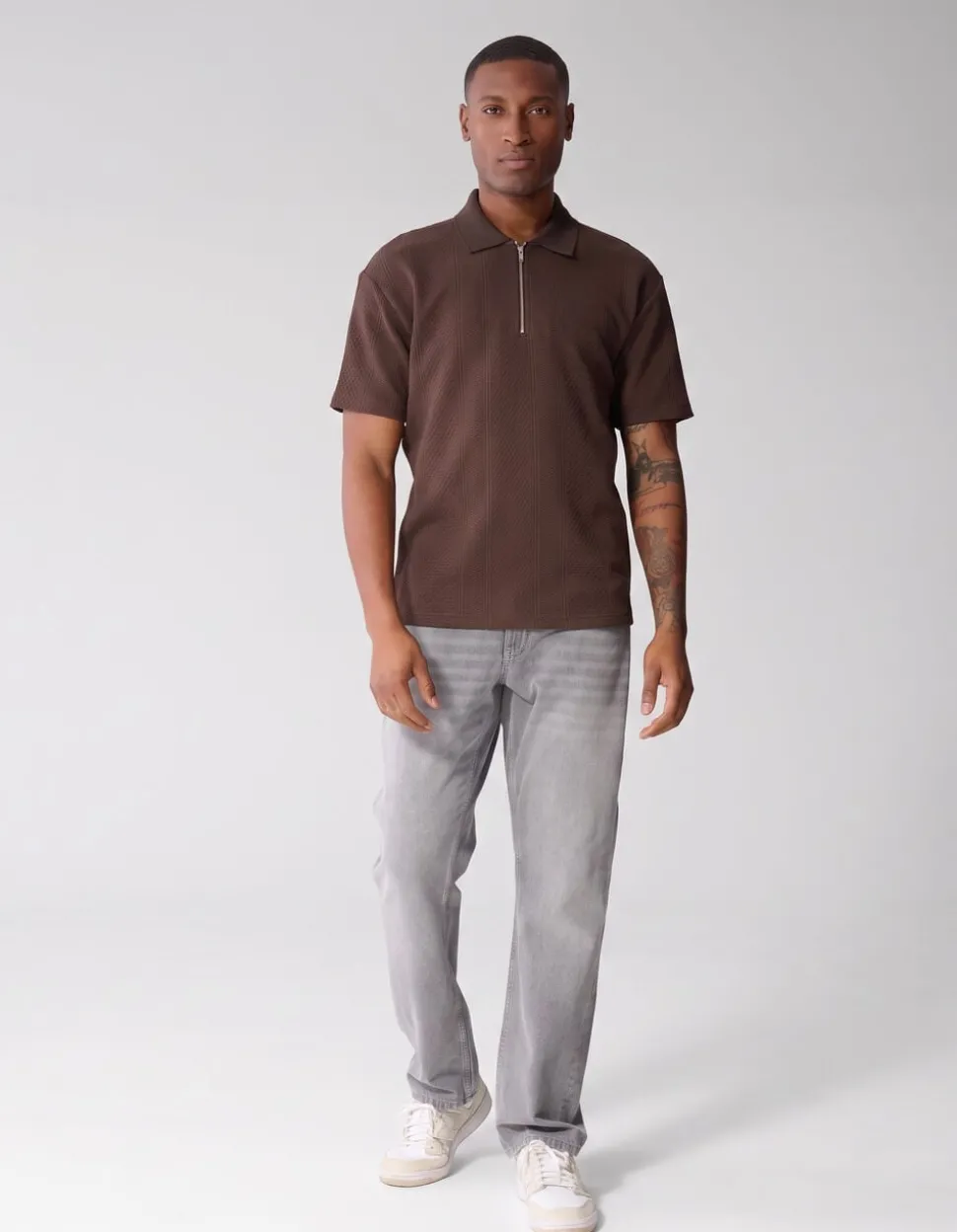Stripe Structuur Zip Polo Donkerbruin