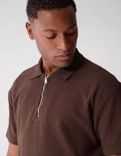 Stripe Structuur Zip Polo Donkerbruin