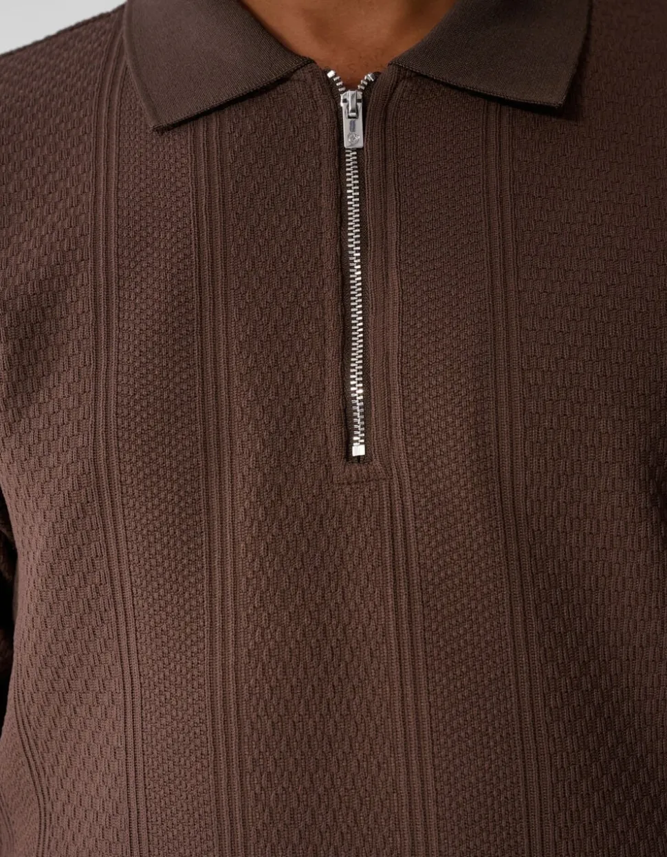 Stripe Structuur Zip Polo Donkerbruin
