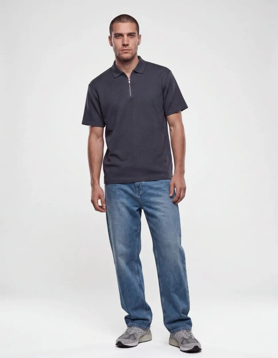 Structuur Zipper Polo Donkerblauw