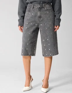 Studded Denim Jort Grijs