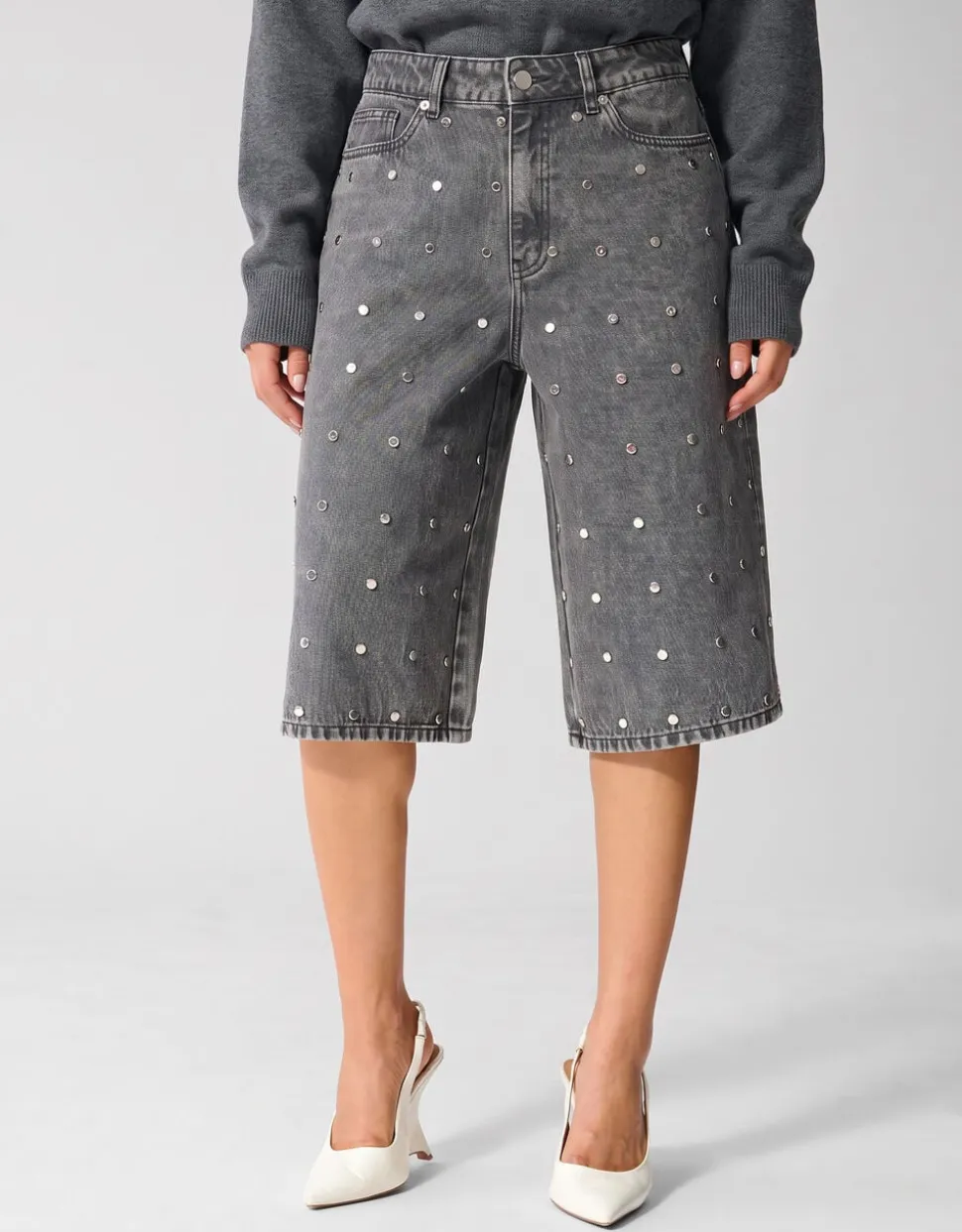 Studded Denim Jort Grijs