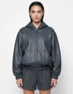 Vegan Leren Hooded Bomber Donkergrijs