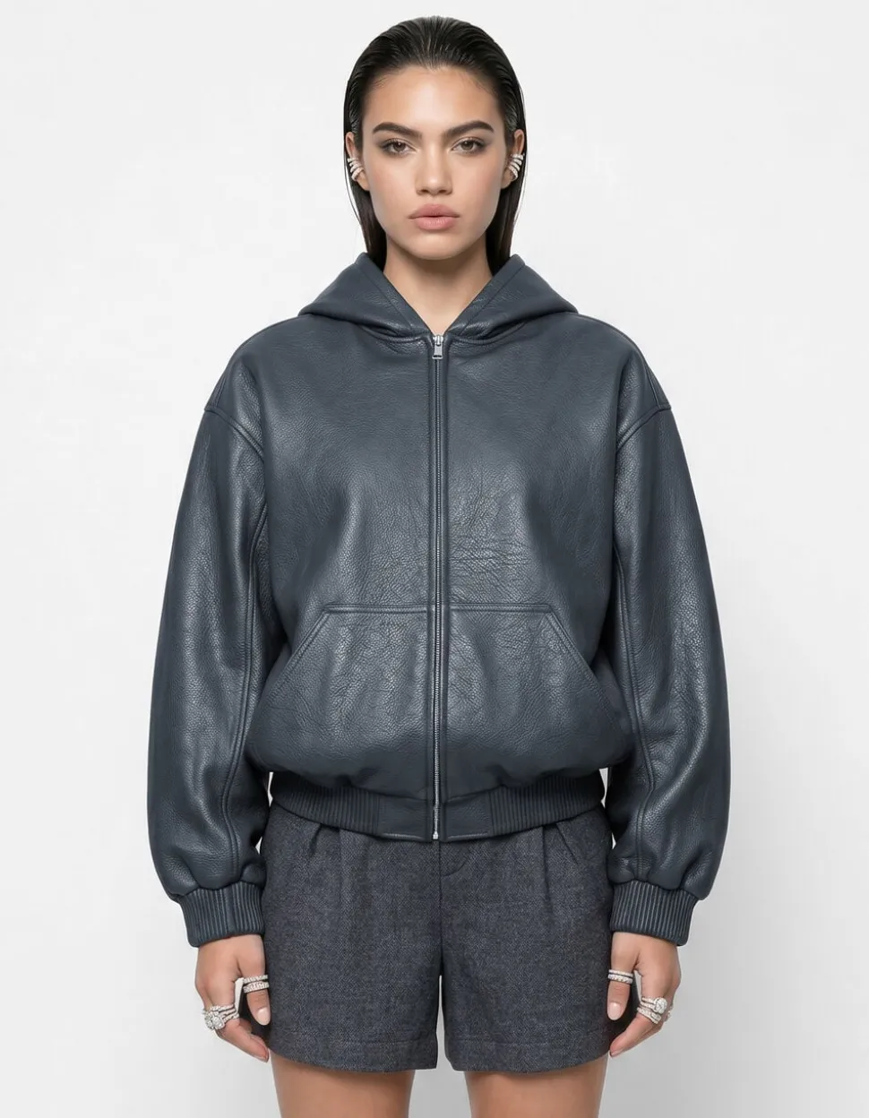 Vegan Leren Hooded Bomber Donkergrijs