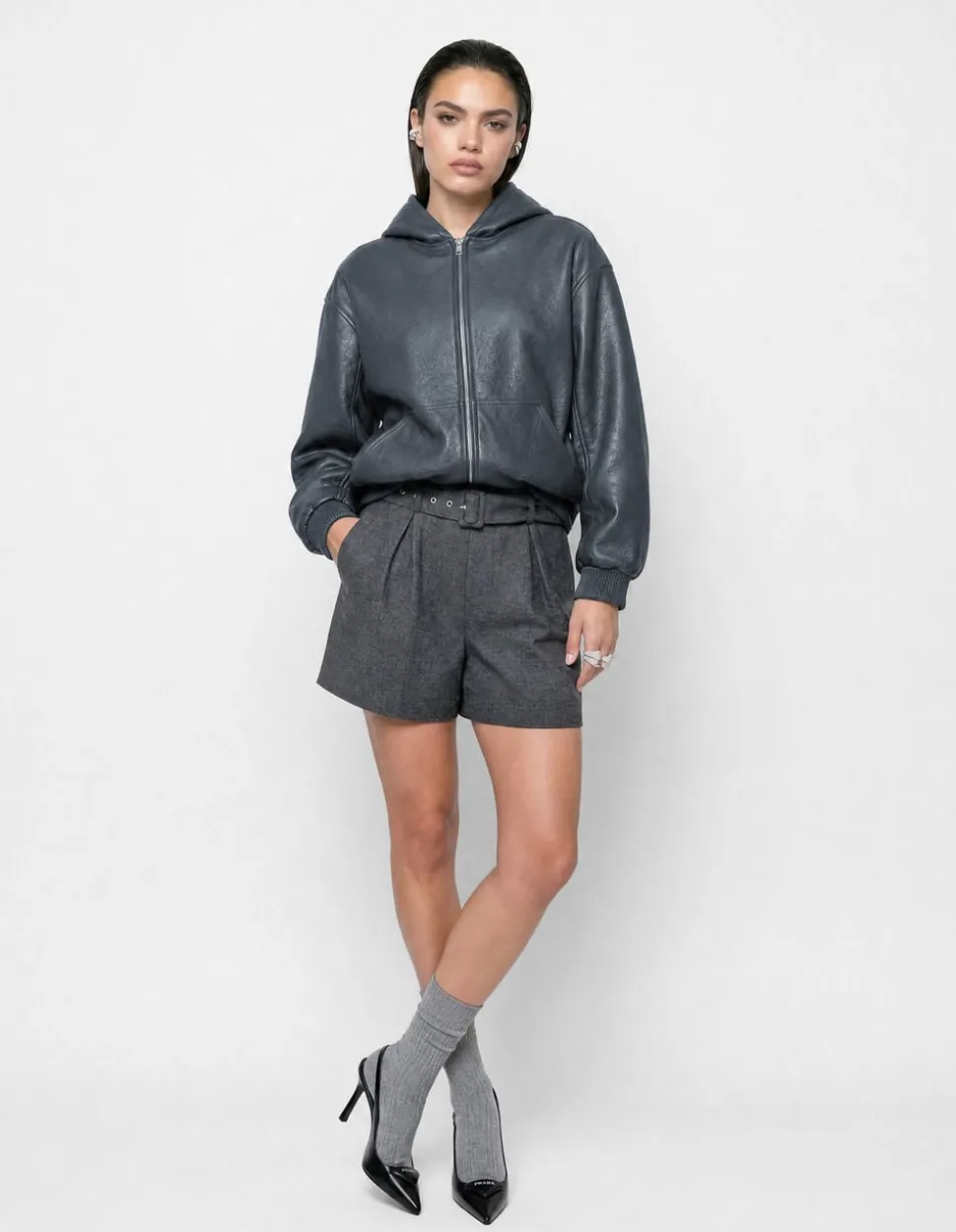 Vegan Leren Hooded Bomber Donkergrijs