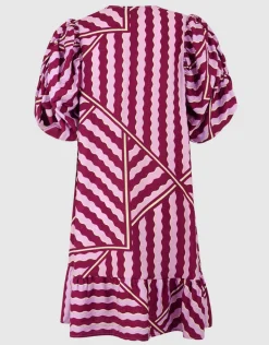 Wavy Printed Puffy Sleeve Mini Jurk Roze/Paars