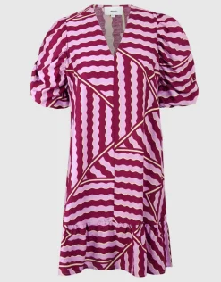 Wavy Printed Puffy Sleeve Mini Jurk Roze/Paars
