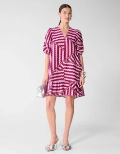 Wavy Printed Puffy Sleeve Mini Jurk Roze/Paars
